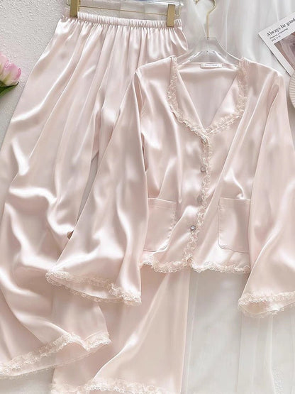 Satin Silk Lace - Trim Pajama Set - Elara Global