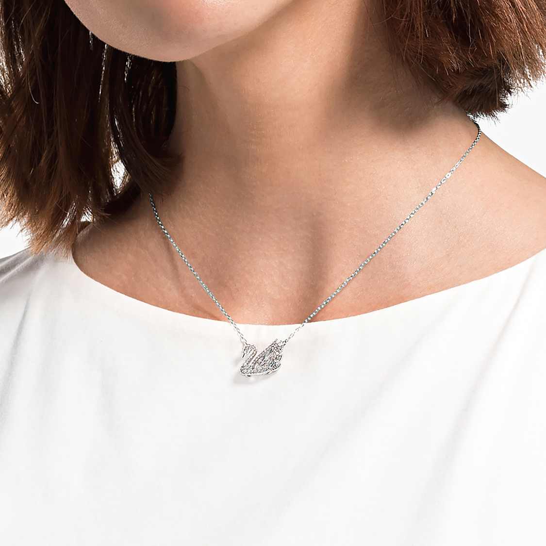 Swarovski Dancing swan, White, Rhodium plated necklace - Elara Global