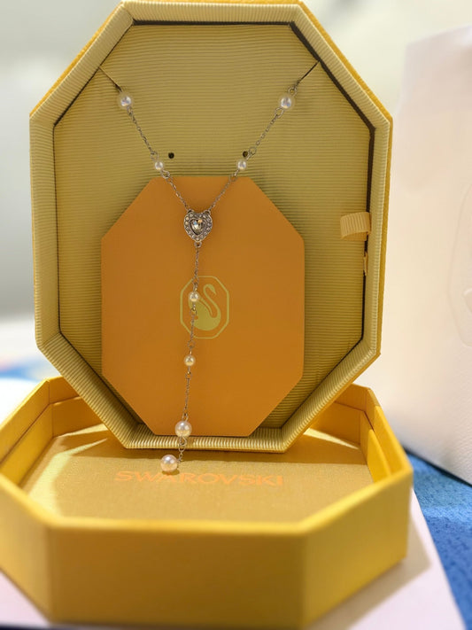 Swarovski Y necklace Mixed cuts, Crystal pearl, Heart, White, Rhodium plated - Elara Global