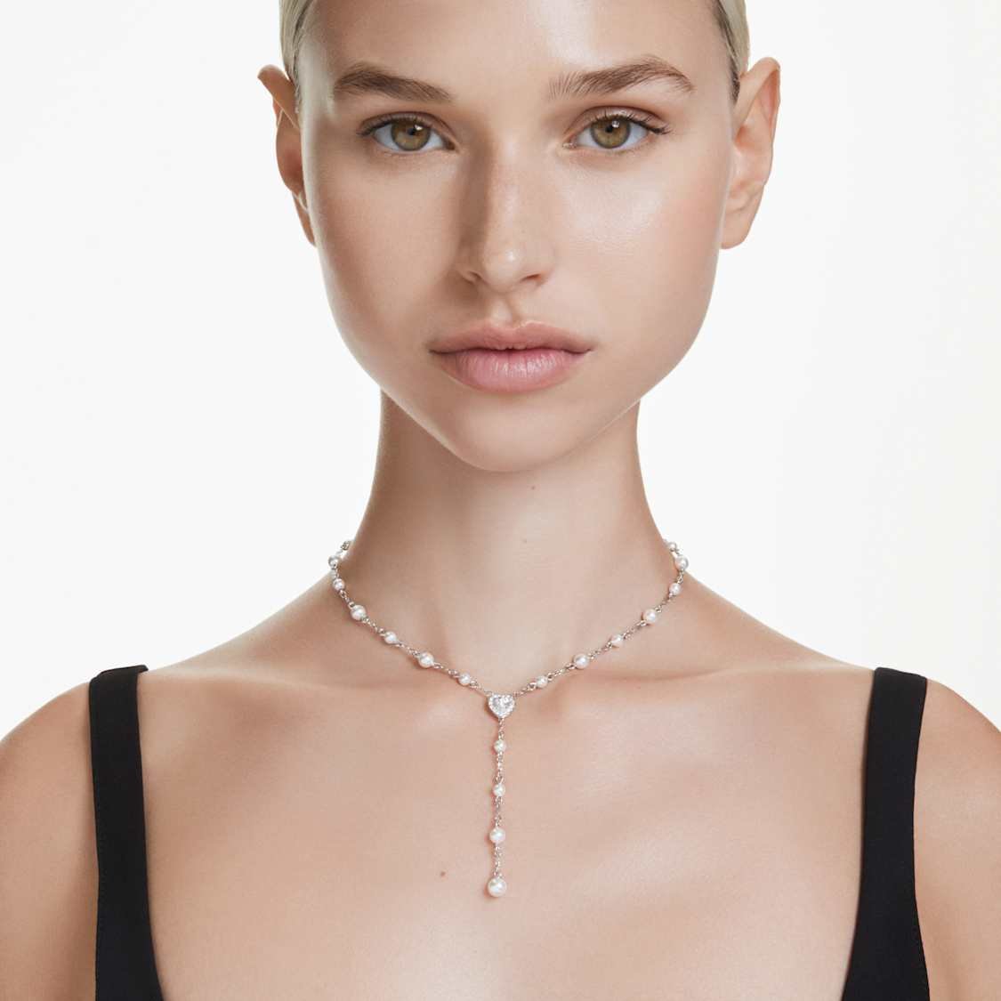 Swarovski Y necklace Mixed cuts, Crystal pearl, Heart, White, Rhodium plated - Elara Global