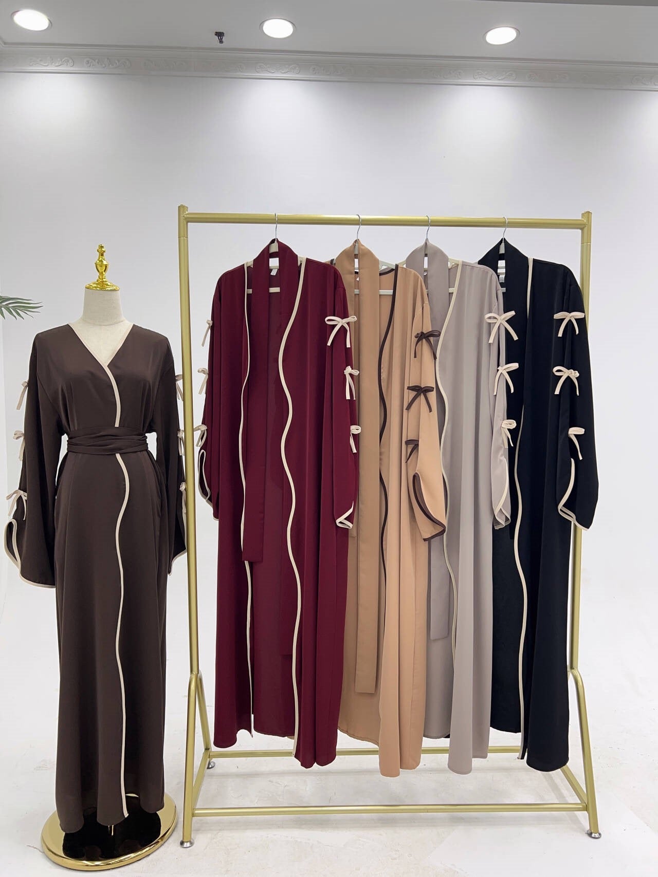Wavy Edge Bow Open Abaya - Elara Global