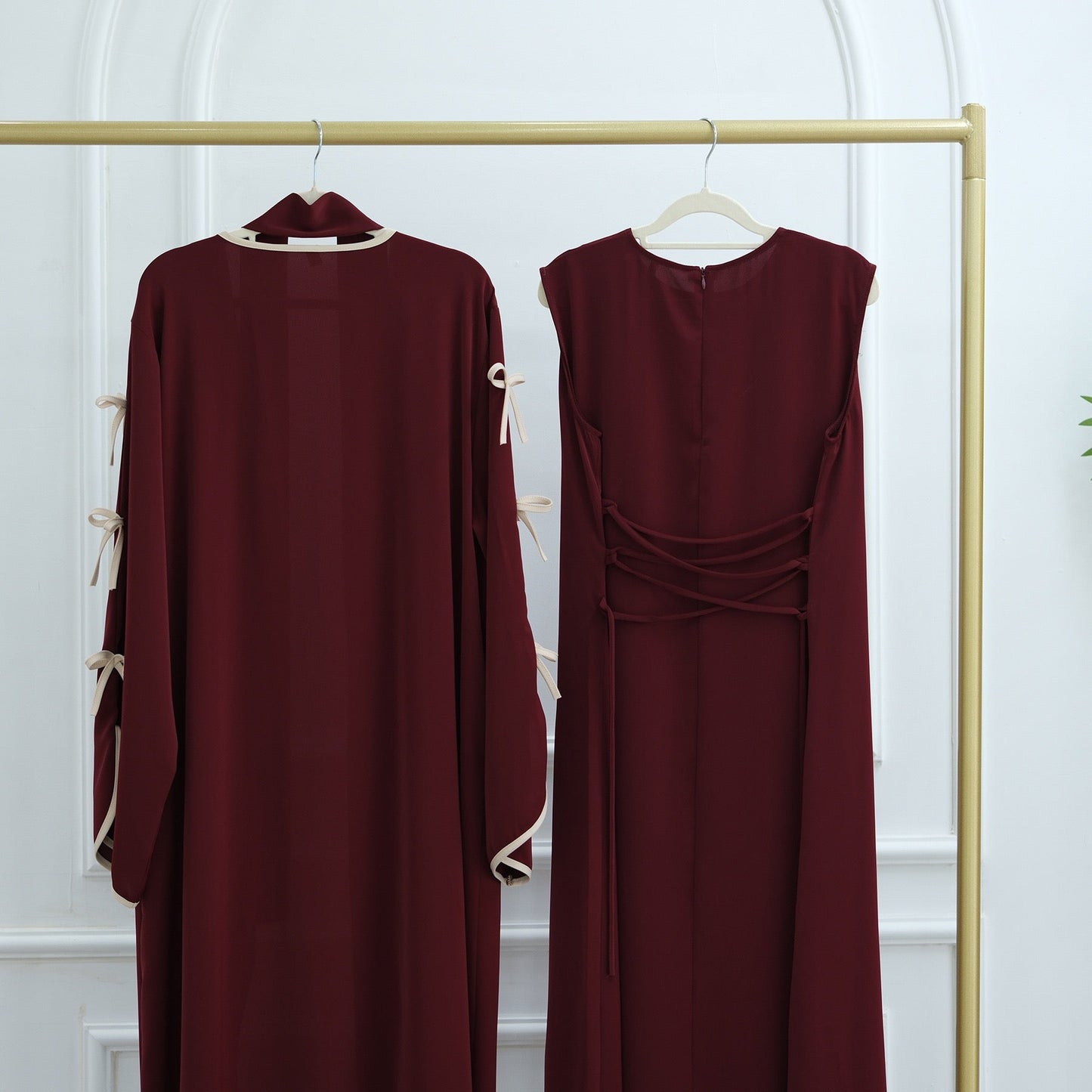 Wavy Edge Bow Open Abaya - Elara Global