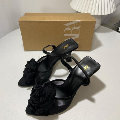 Zara Black Satin Floral Heels - Elara Global