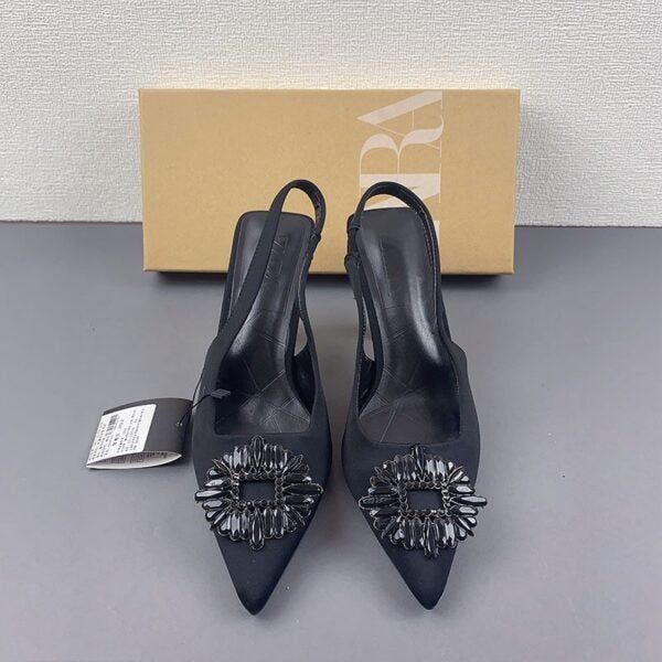 Zara Elegant Black Slingback Heels with Embellished Toe - Elara Global