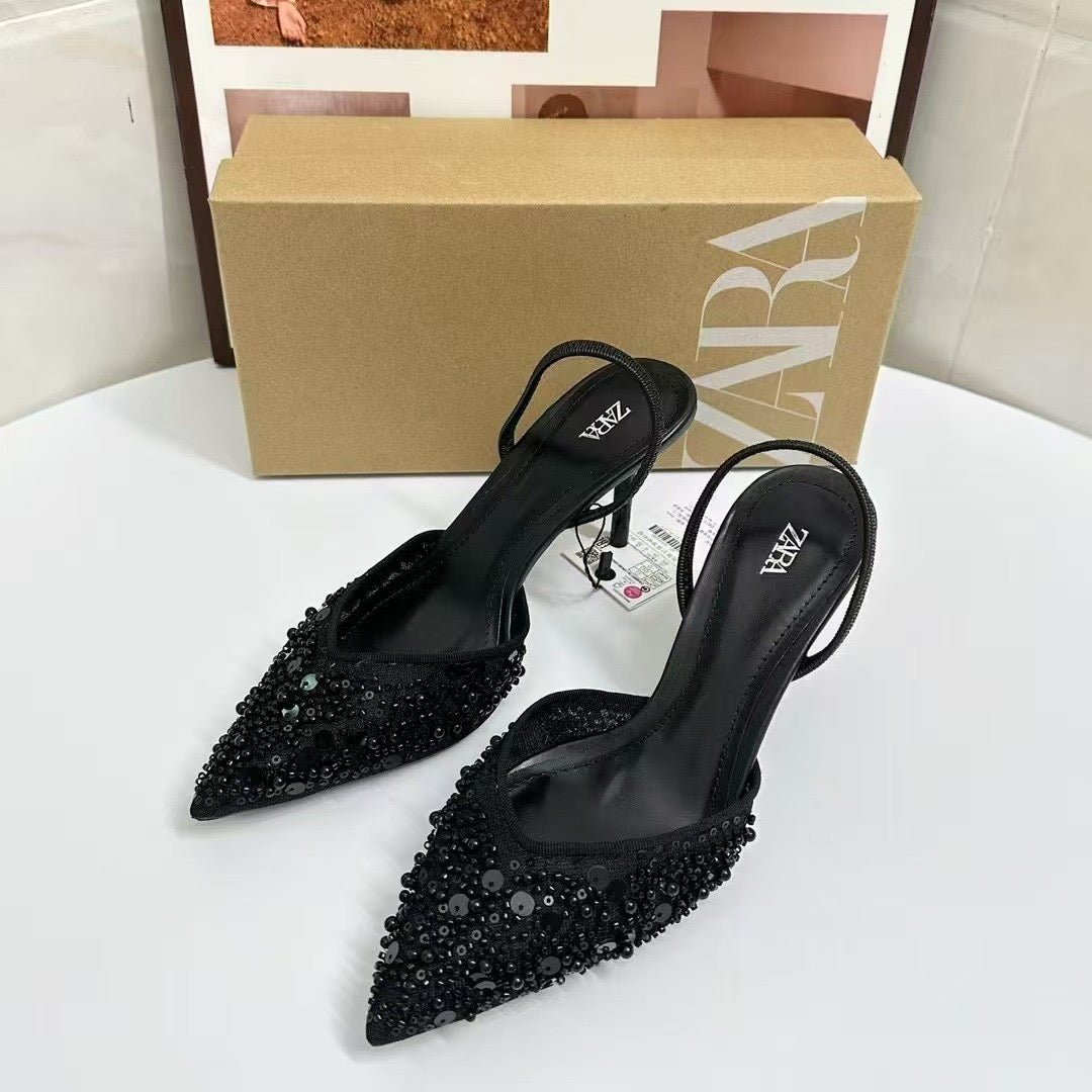 ZARA MESH AND BEAD SLINGBACK HEELS - Elara Global