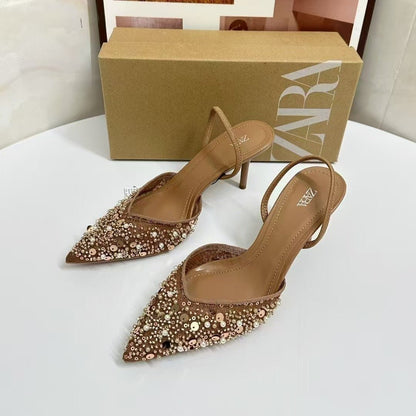 ZARA MESH AND BEAD SLINGBACK HEELS - Elara Global