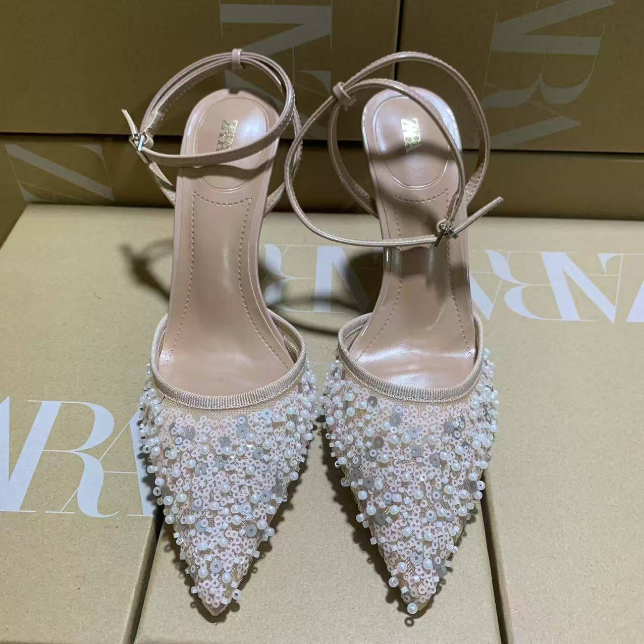 ZARA Nude Embellished Pointed - Toe Heels - Elara Global