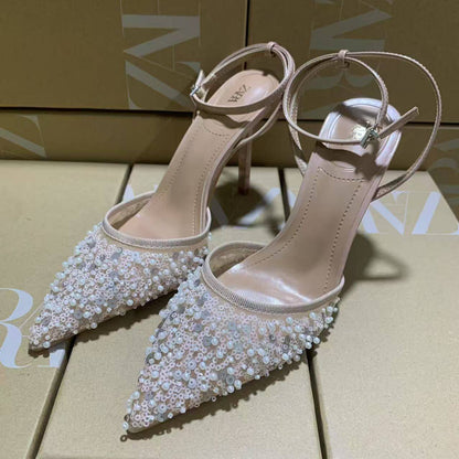 ZARA Nude Embellished Pointed - Toe Heels - Elara Global