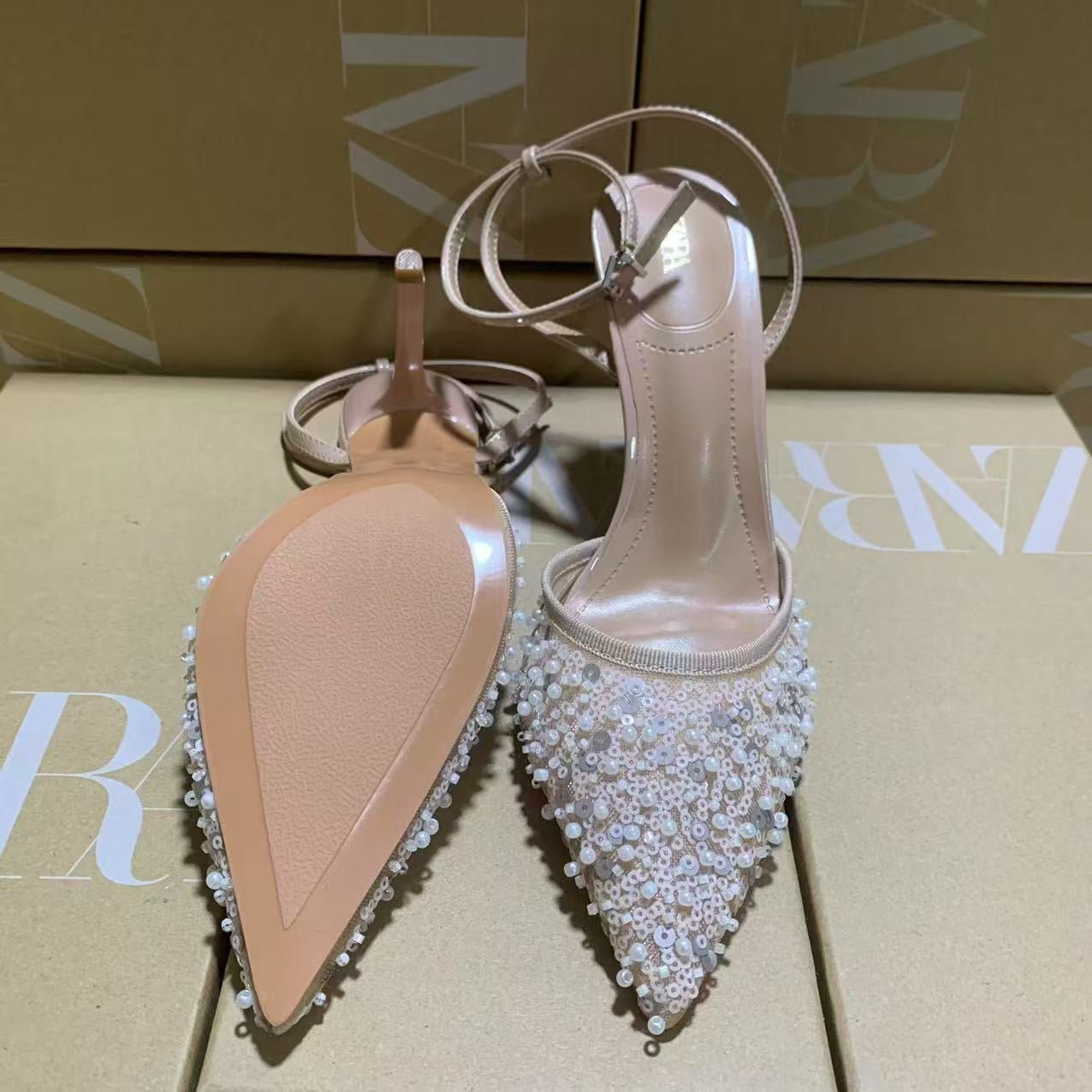 ZARA Nude Embellished Pointed - Toe Heels - Elara Global