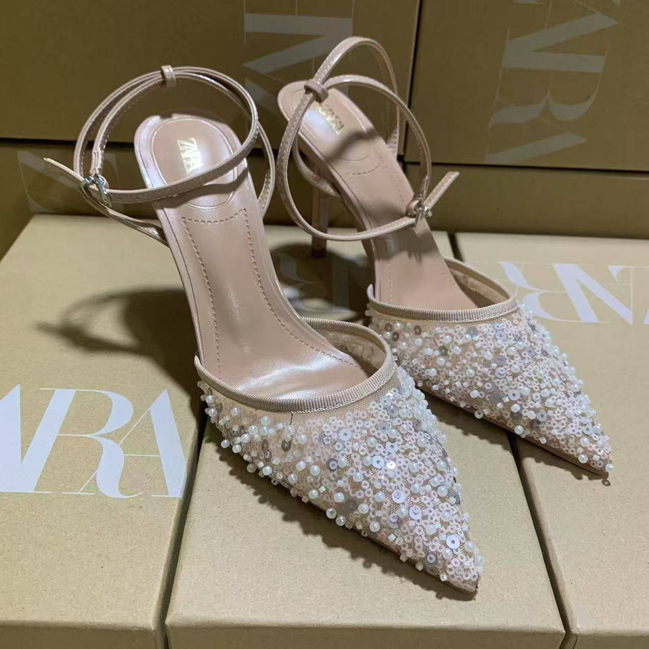 ZARA Nude Embellished Pointed - Toe Heels - Elara Global