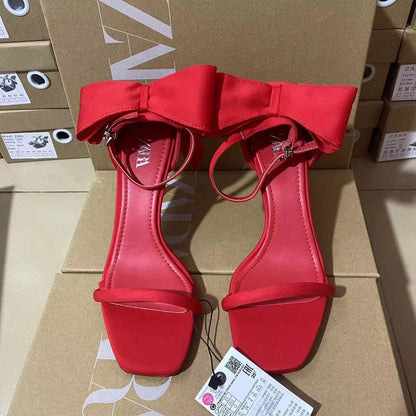 ZARA Red Satin Bow Heels - Elara Global