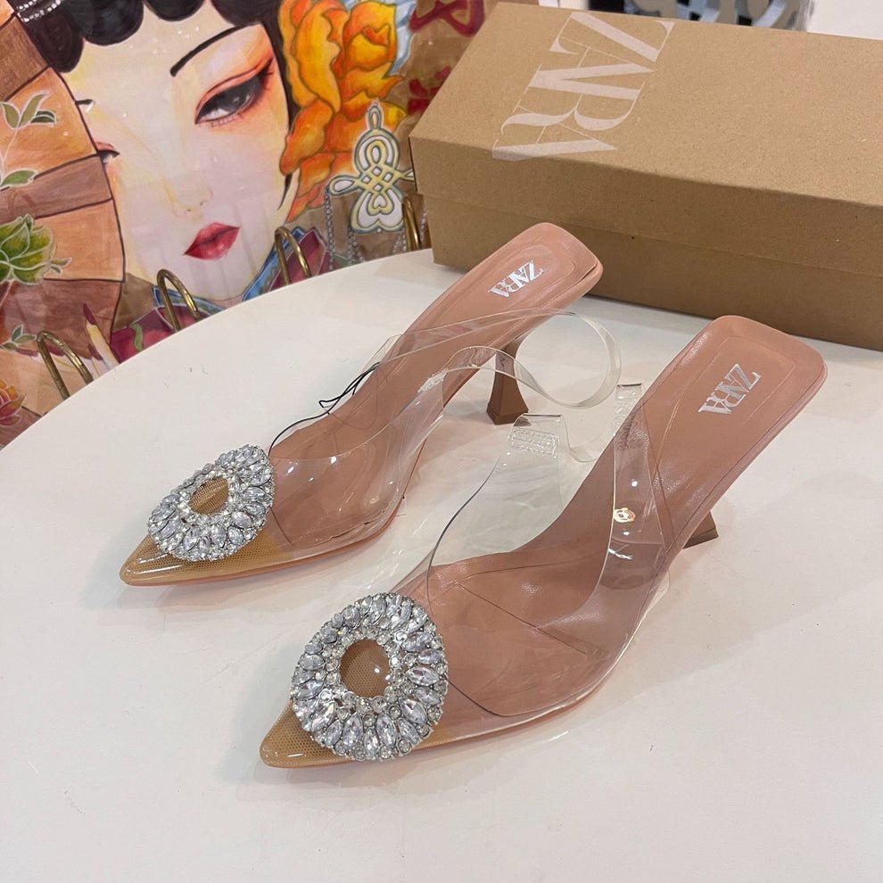 Zara vinyl heeled slingback shoes with rhinestone - Elara Global