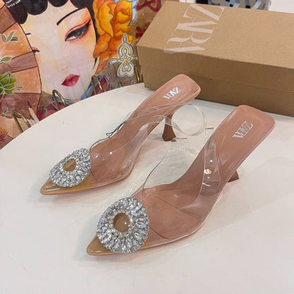 Zara vinyl heeled slingback shoes with rhinestone - Elara Global